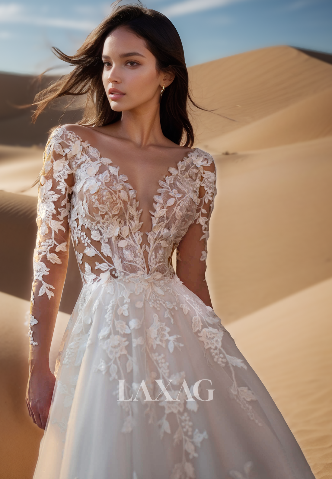 Deep V-Neck Long-Sleeves Tulle A-Line Wedding Dress Embroidered Applique Pleated Bride Gowns