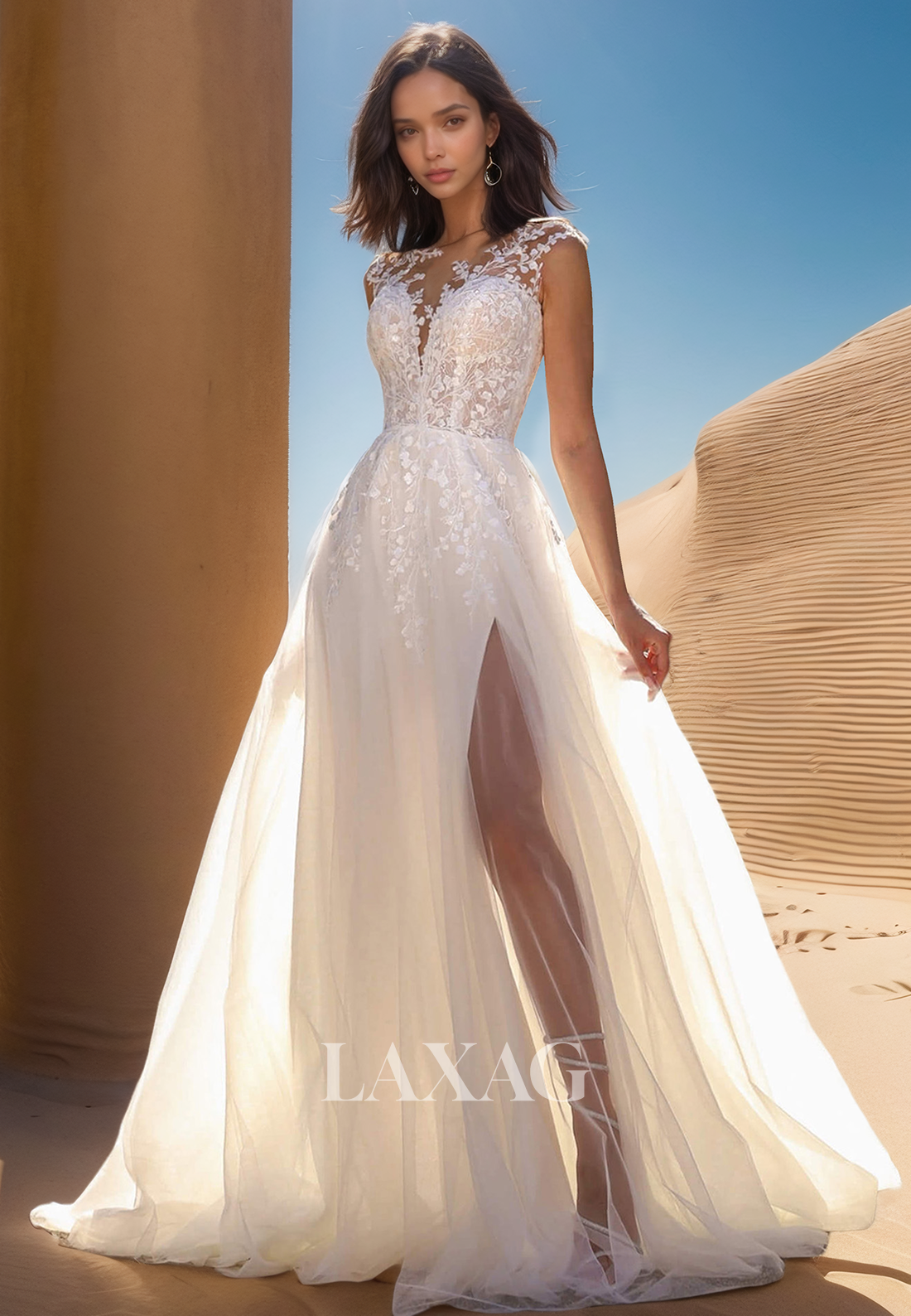 Deep V-Neck Sleeveless High Slit A-Line Wedding Dress Applique Pleated Sheer Tulle Bride Gowns