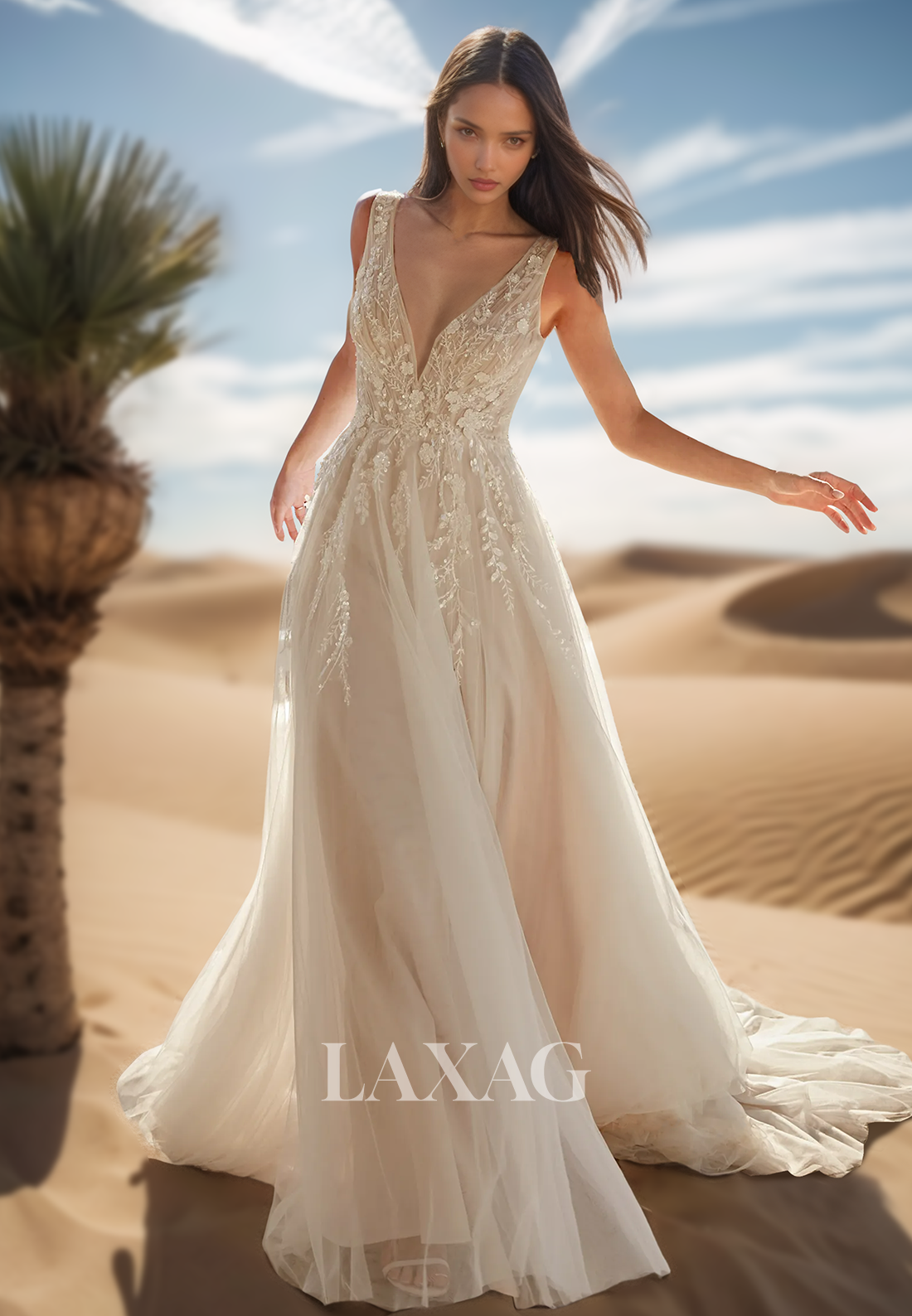 Deep V-Neck Straps Off-Shoulder Sleeveless Bride Gowns Beaded Applique Pleated Tulle Wedding Dress