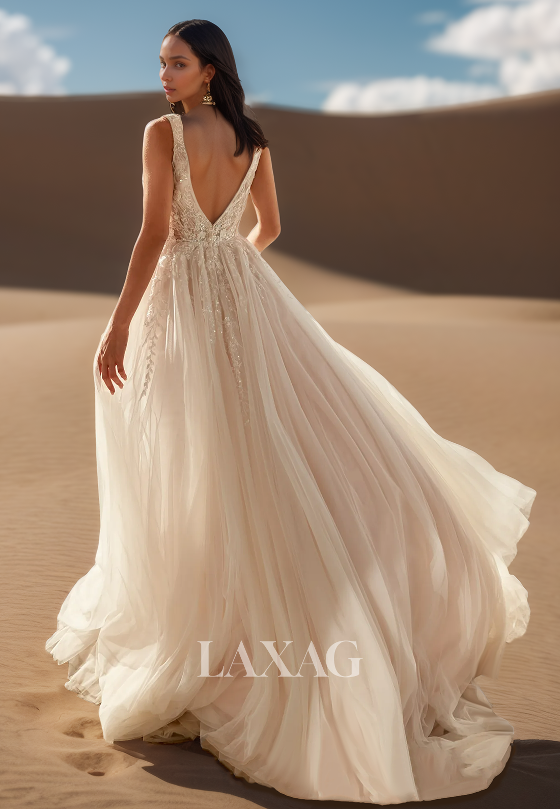 Deep V-Neck Straps Off-Shoulder Sleeveless Bride Gowns Beaded Applique Pleated Tulle Wedding Dress