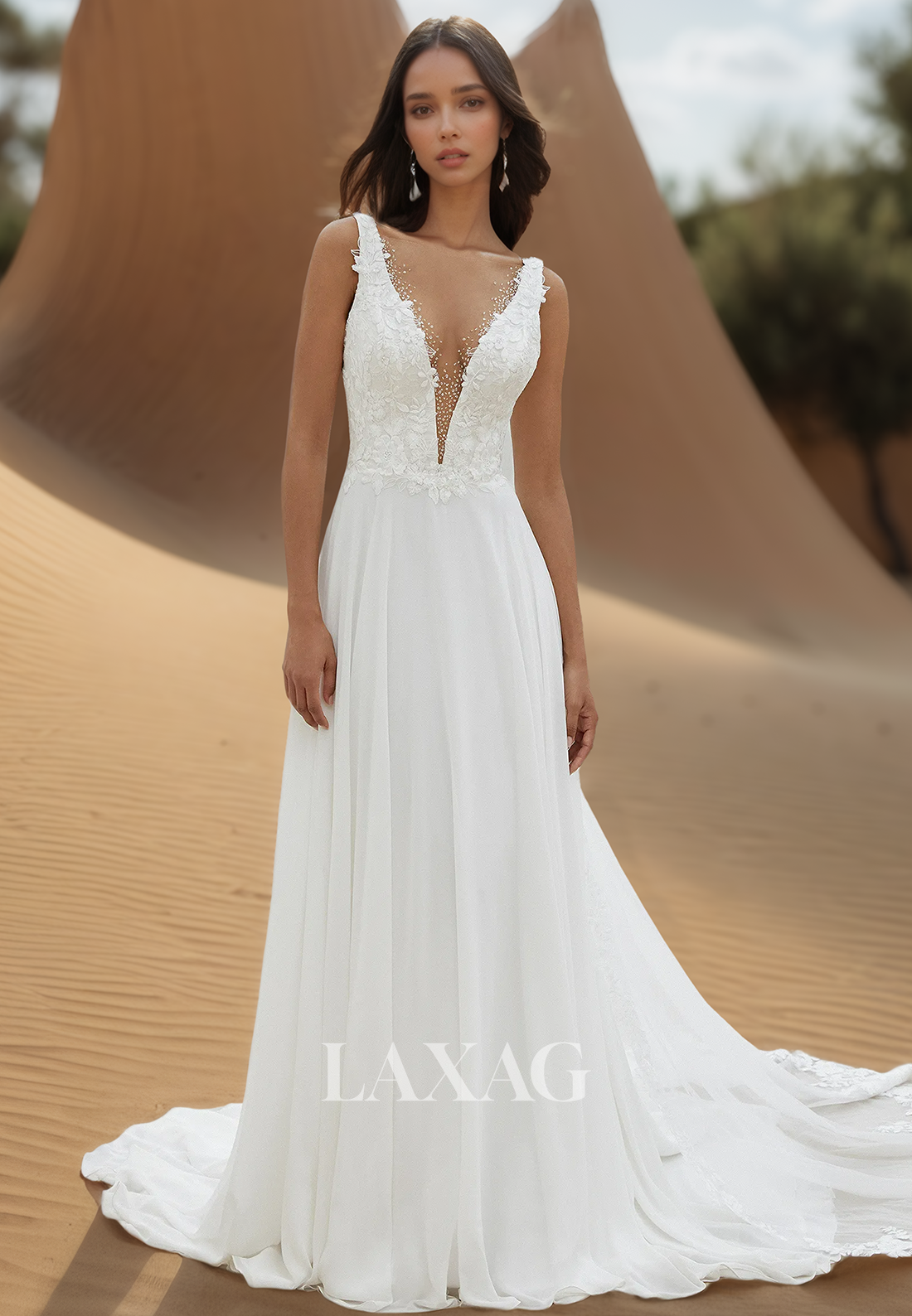 Deep V-Neck Straps Off-Shoulder Sleeveless Beaded Applique Pleated Sweep Train Chiffon Wedding Dress