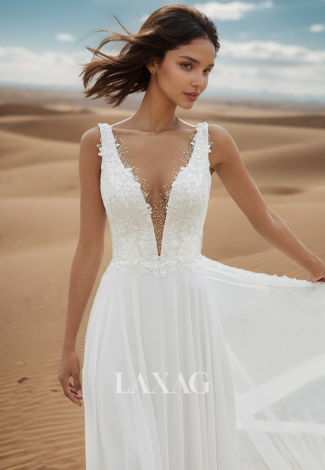 Deep V-Neck Straps Off-Shoulder Sleeveless Beaded Applique Pleated Sweep Train Chiffon Wedding Dress