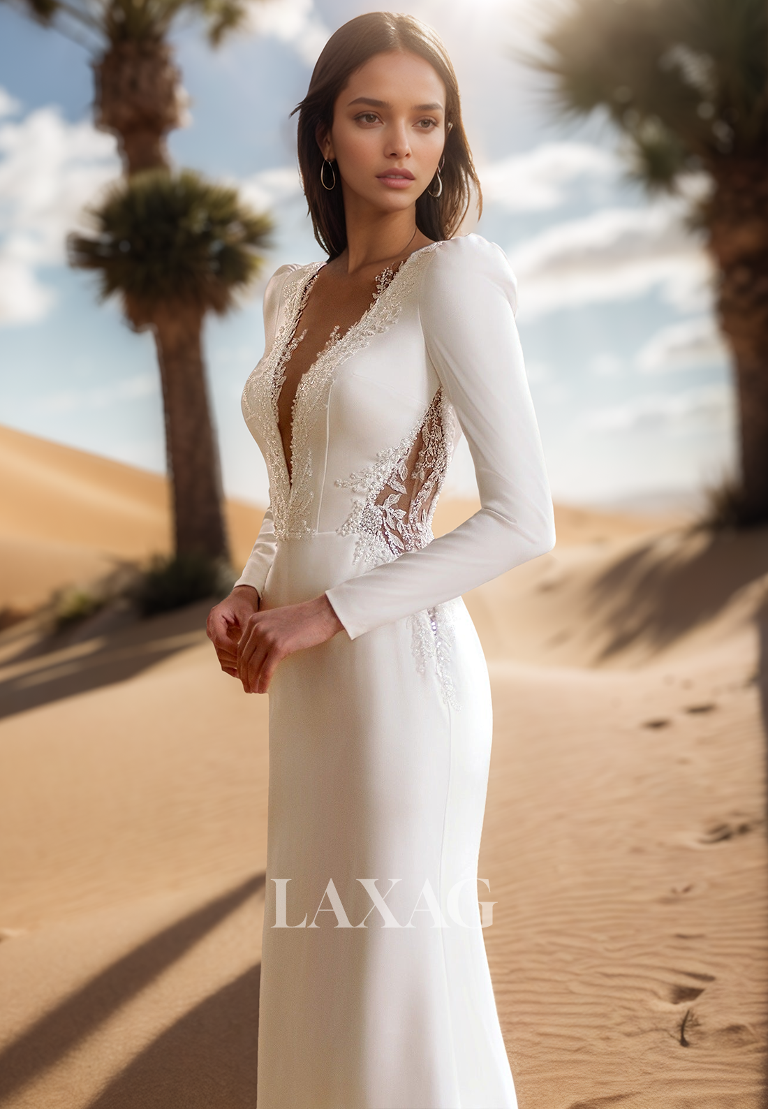 Deep V-Neck Long-Sleeves Satin Bride Gowns Beaded Applique Meramid Wedding Dress with Sweep Train