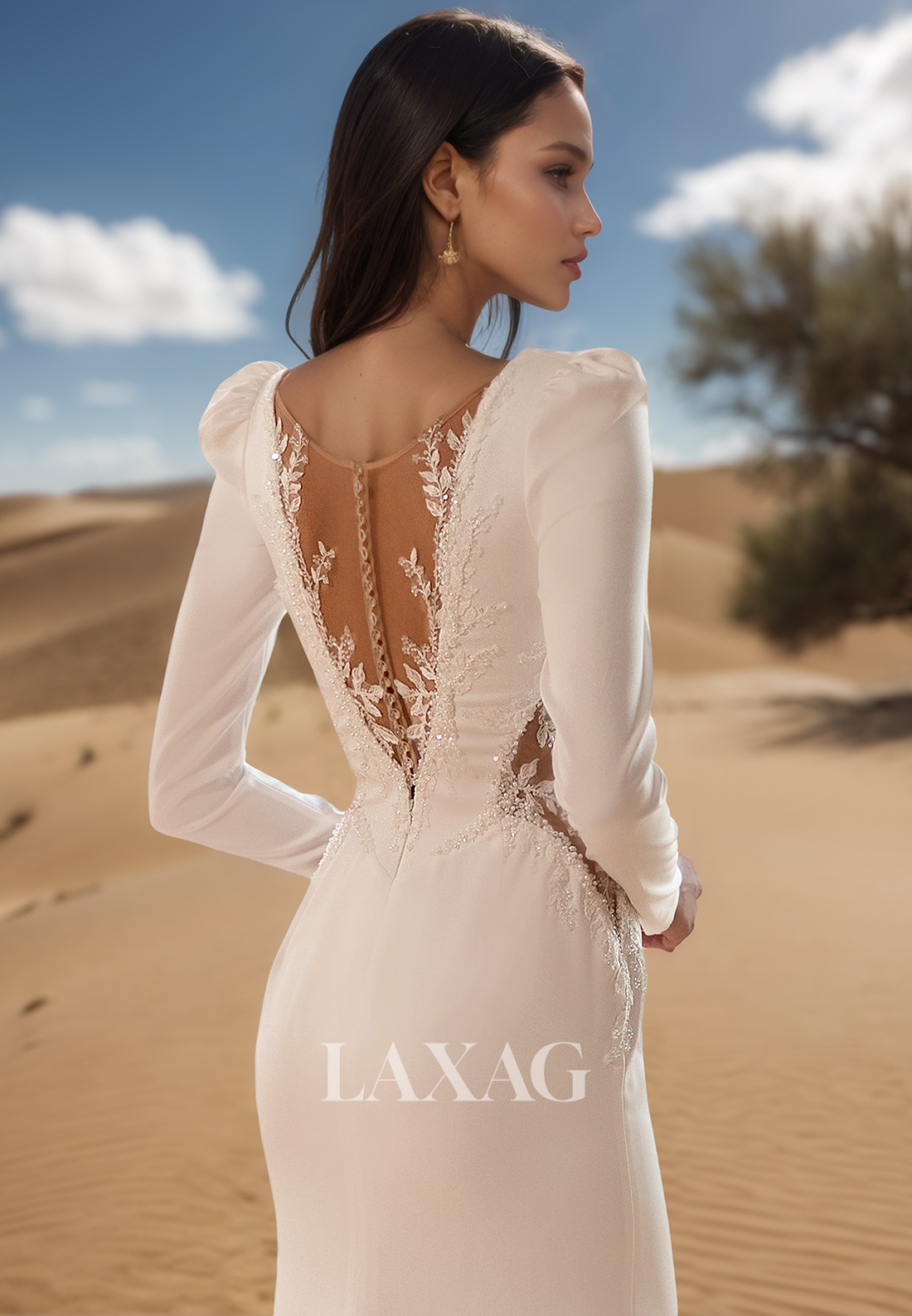 Deep V-Neck Long-Sleeves Satin Bride Gowns Beaded Applique Meramid Wedding Dress with Sweep Train