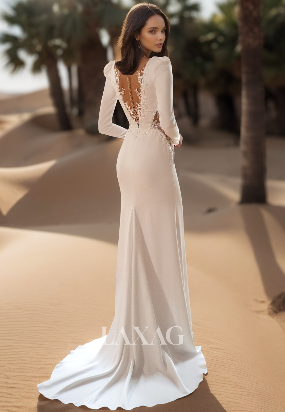 Deep V-Neck Long-Sleeves Satin Bride Gowns Beaded Applique Meramid Wedding Dress with Sweep Train