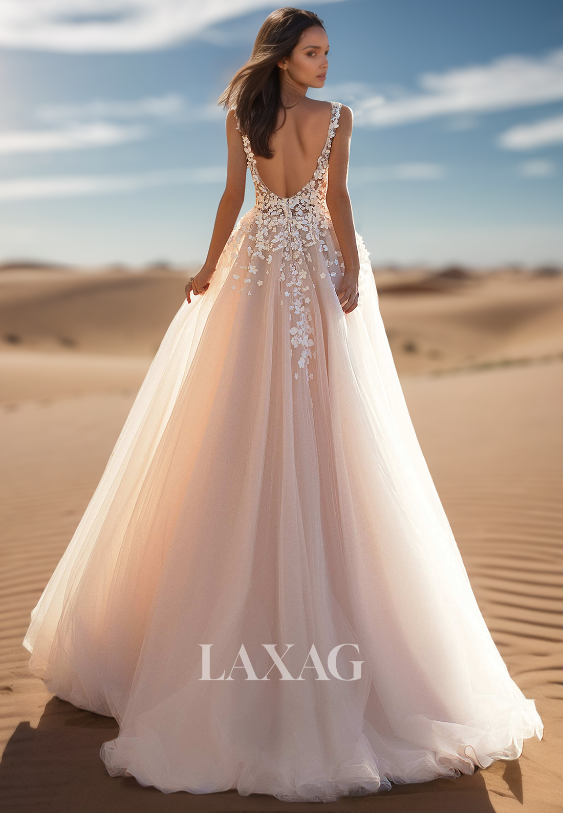 Deep V-Neck Straps Sleeveless A-Line Wedding Dress Off-Shoulder Applique Pleated Tulle Bride Gowns