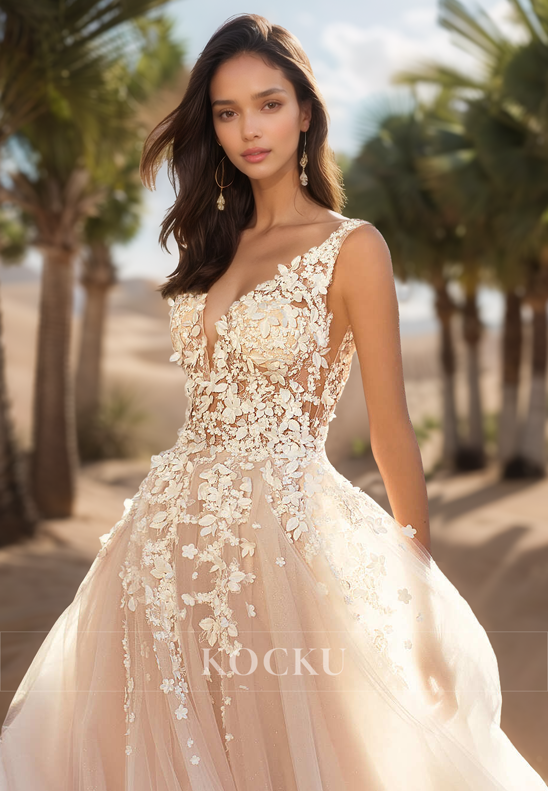 A Line Deep V neck Romantic Lace Appliques Cheap Wedding Dress