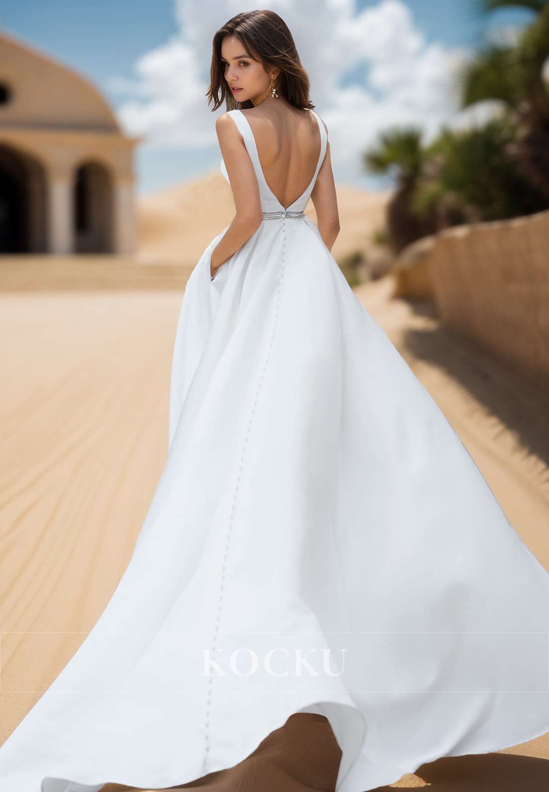 A Line Deep V Neck Satin Cheap Simple Wedding Dress with Pockets