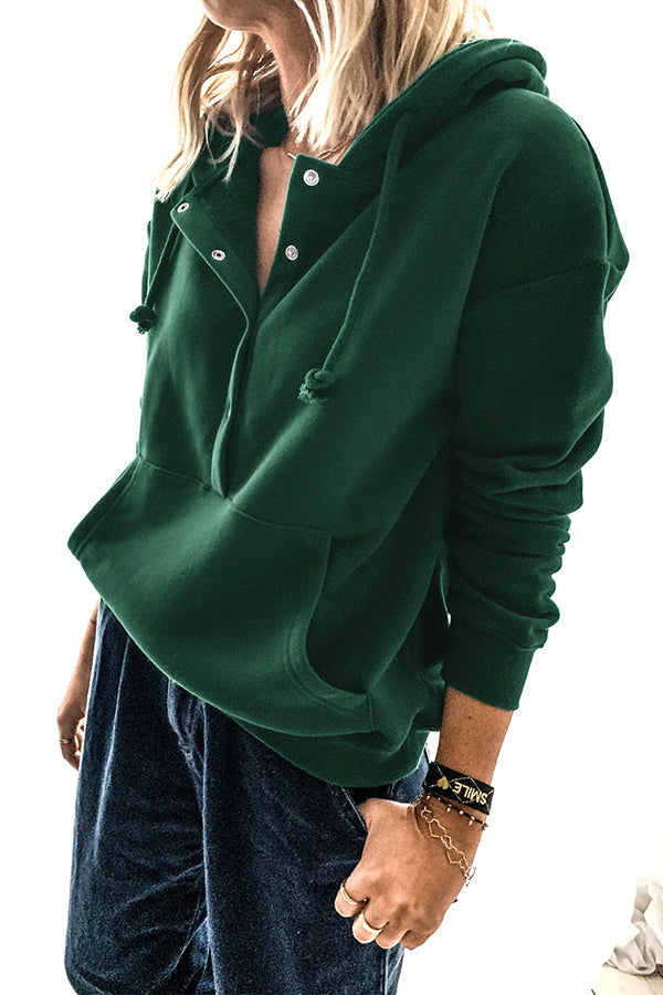 Solid Button Drawstring Hoodie