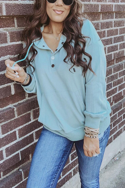 Solid Button Drawstring Hoodie