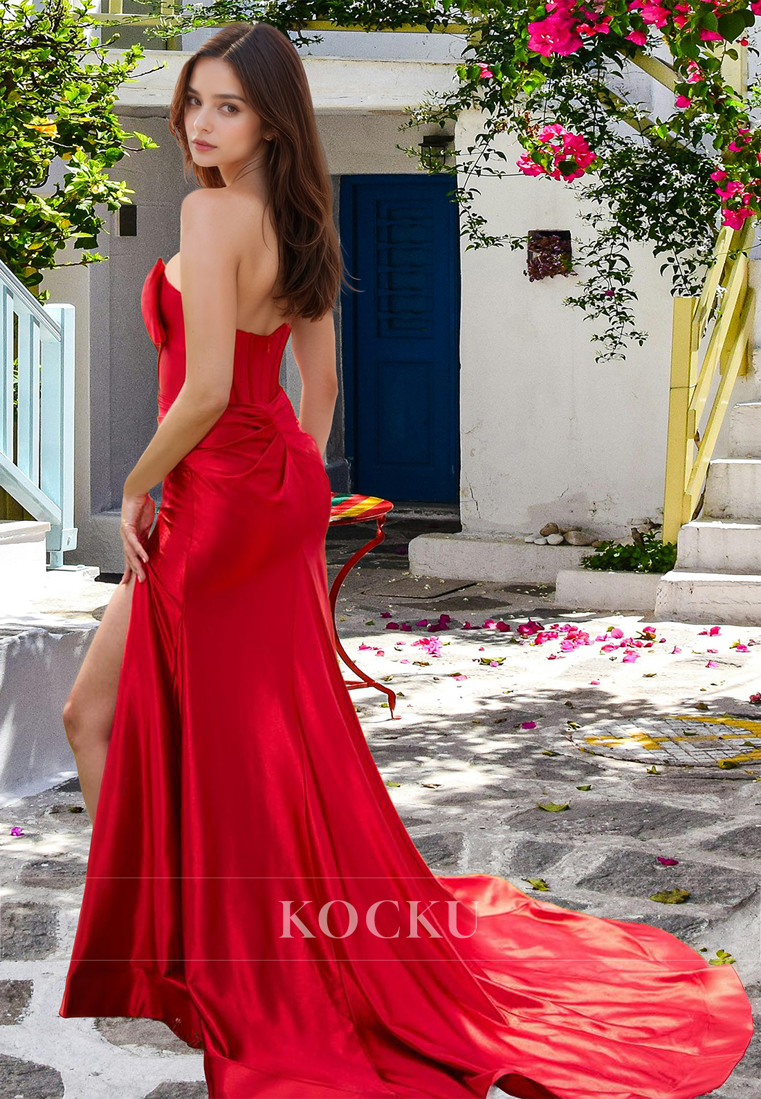 Sexy Sweetheart Sleeveless Sweep Train Mermaid Pleated Satin Long Prom Party Dress with Side Slit