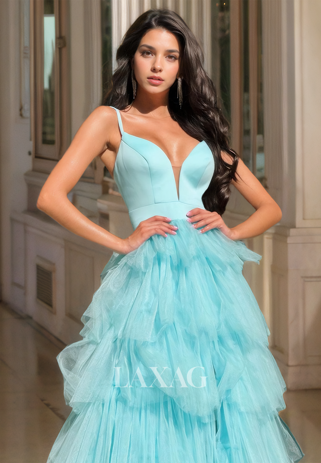 Spaghetti Straps Off-Shoulder Pleated A-Line Prom Dress Deep V-Neck Sleeveless High Slit Formal Gowns