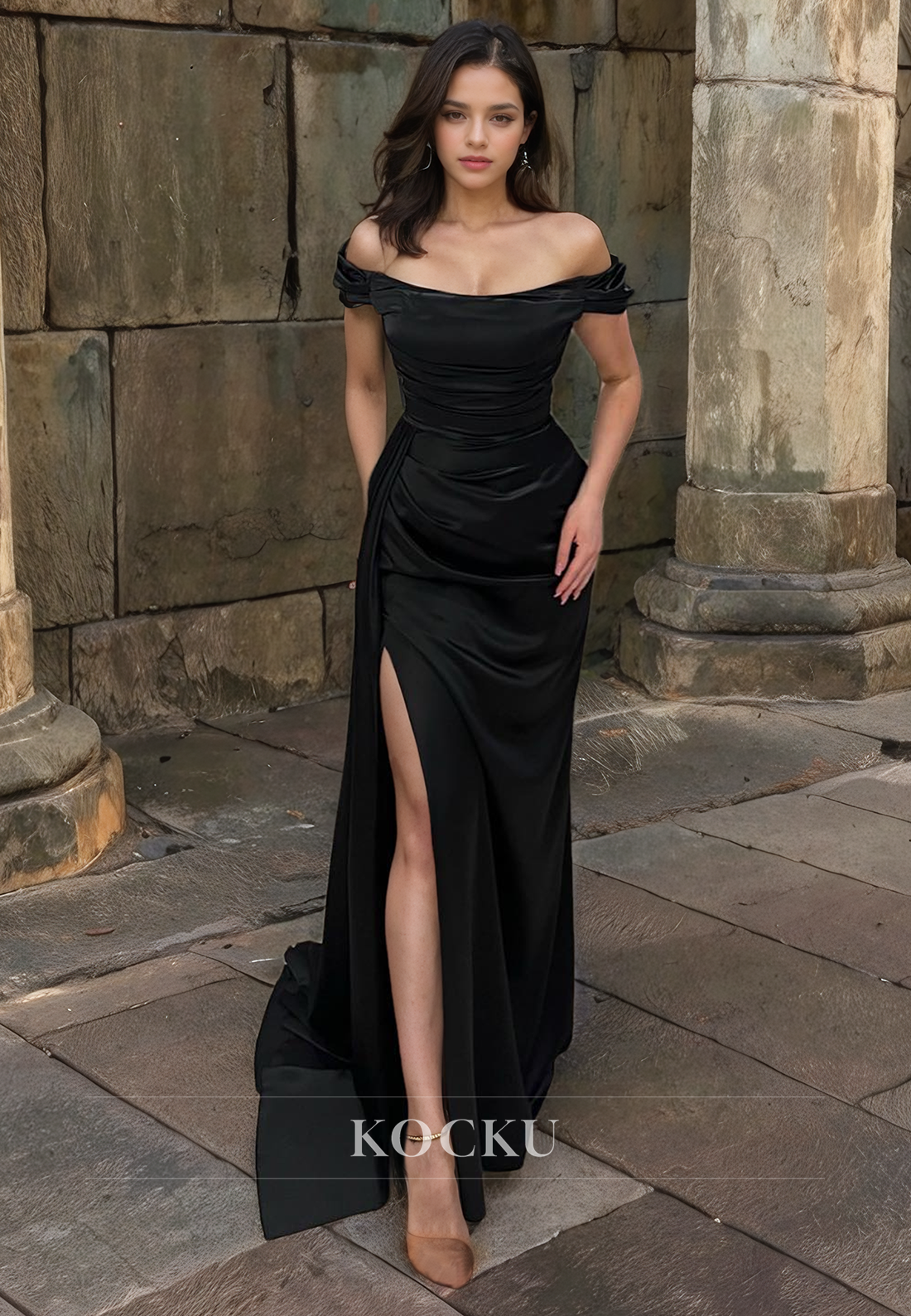 Off-Shoulder Mermaid Prom Dress Sleeveless High Slit Satin Formal Gown with Train Pleats