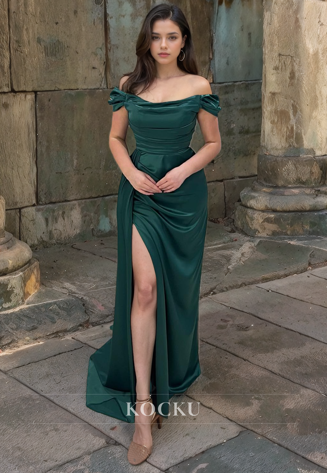 Off-Shoulder Mermaid Prom Dress Sleeveless High Slit Satin Formal Gown with Train Pleats