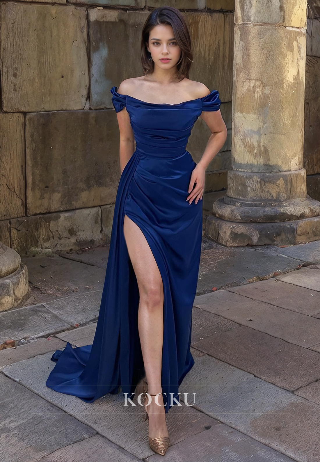 Off-Shoulder Mermaid Prom Dress Sleeveless High Slit Satin Formal Gown with Train Pleats