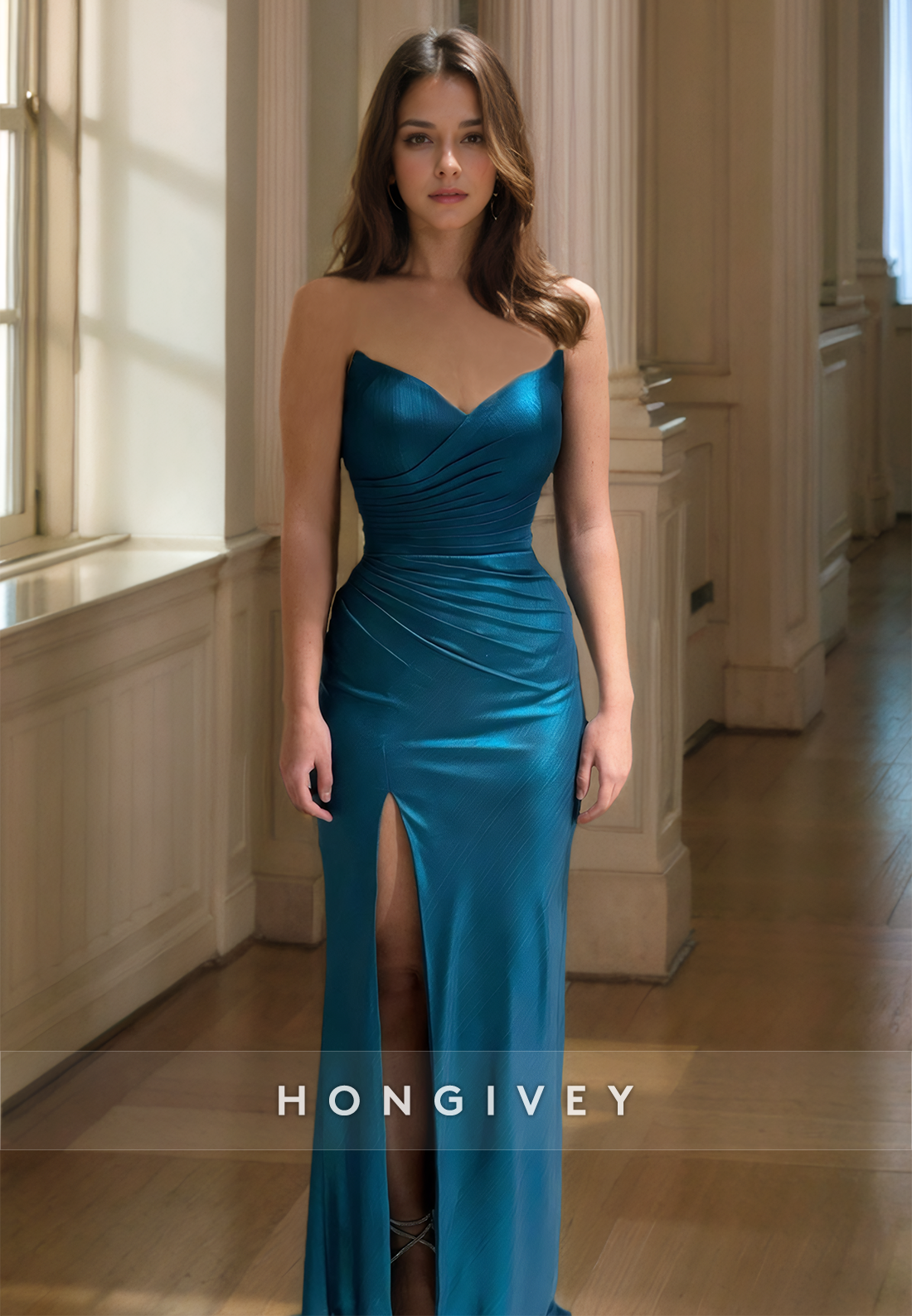 HONGIVEY Classic Solid Ruched Strapless Formal Evening Dress Satin Long Prom Gown