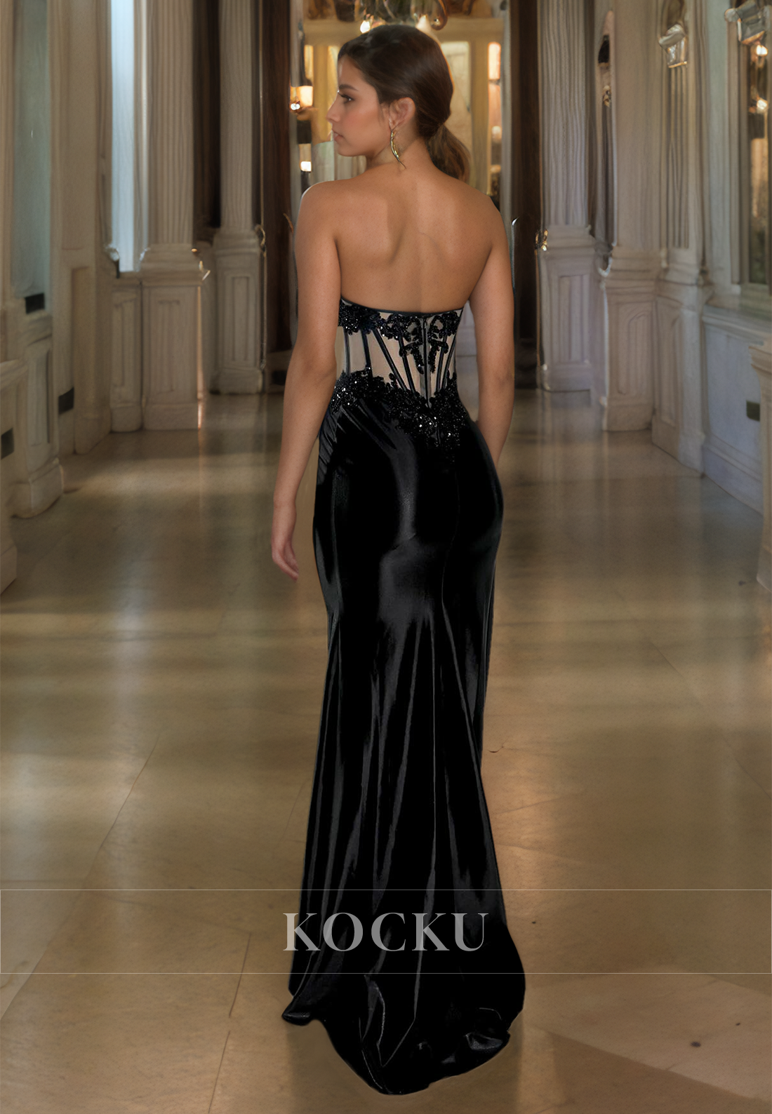 Tube Top Sleeveless Mermaid High Slit Stripe Satin Prom Dress with Sequins Appliques Formal Gown