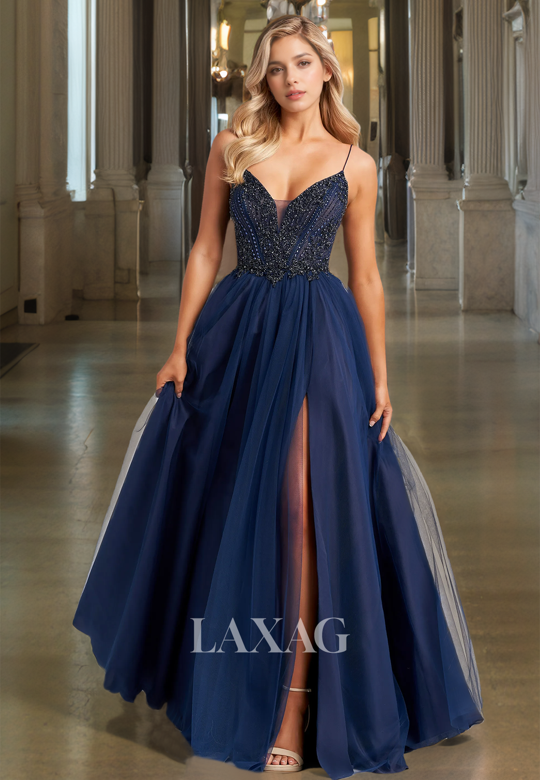 Spaghetti Straps V-Neck Tulle A-Line Prom Dress Sleeveless Beaded Pleated Sheer Formal Gowns