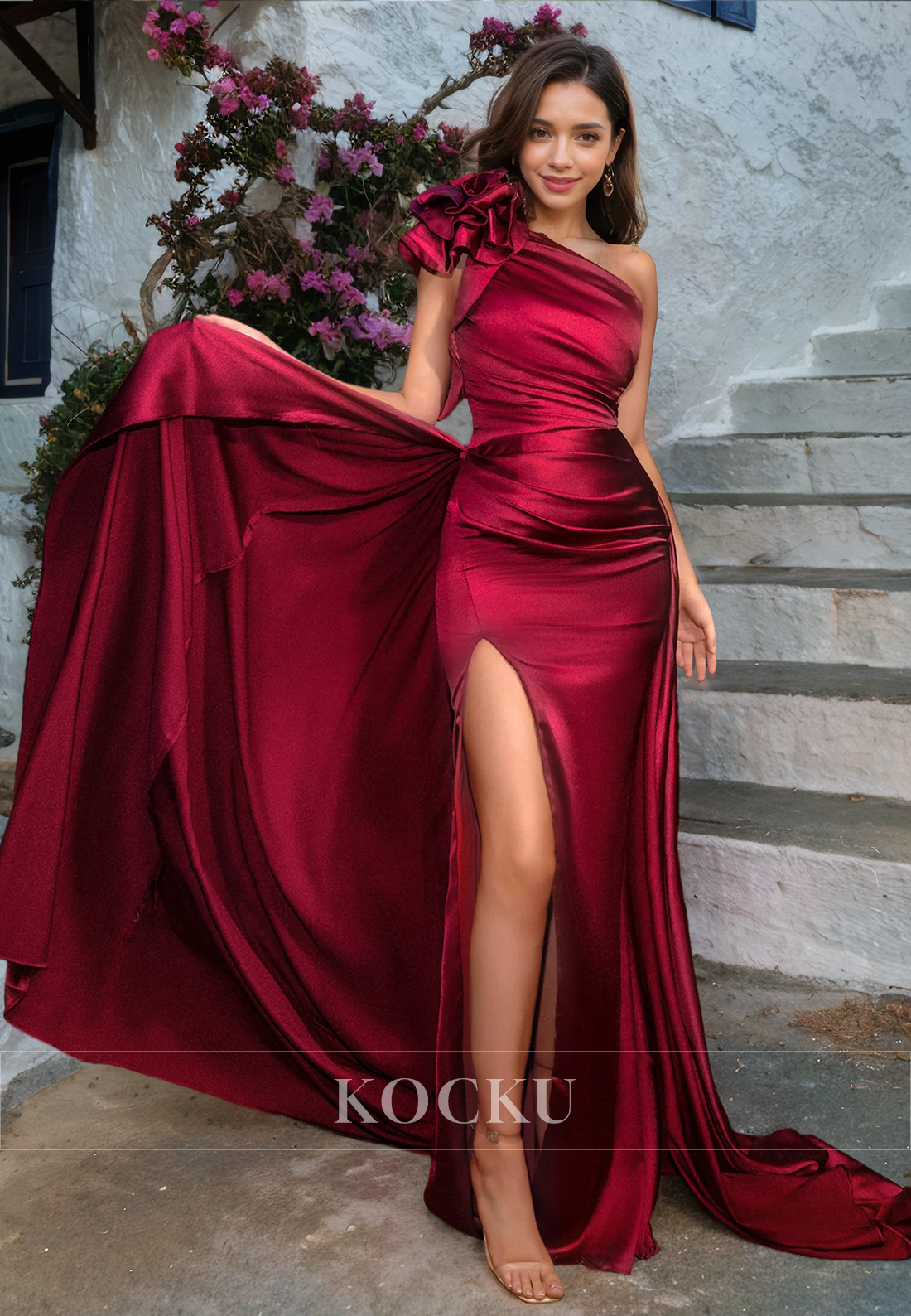 One Shoulder Sleeveless High Split Train Pleated Sheath Satin Prom Formal Gowns with Floral