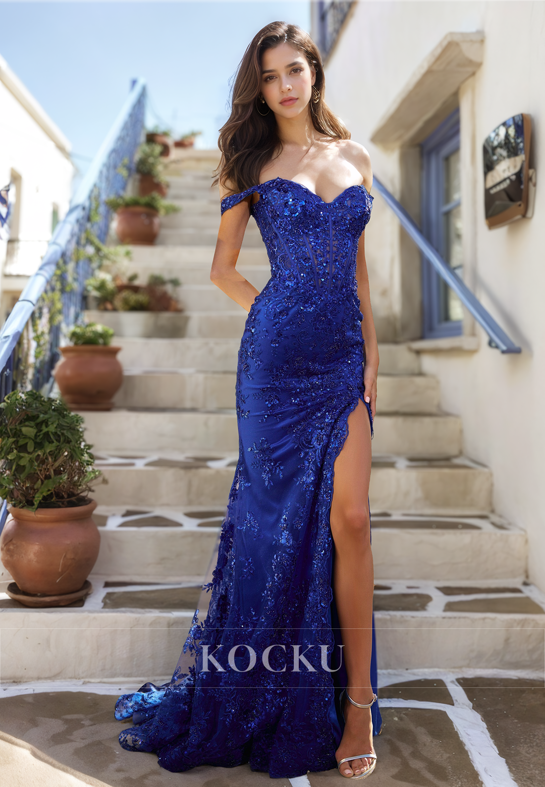 Off-Shoulder Sweetheart Sheath High Split Train Stripe Lace Evening Prom Dress with Sequin Appliques