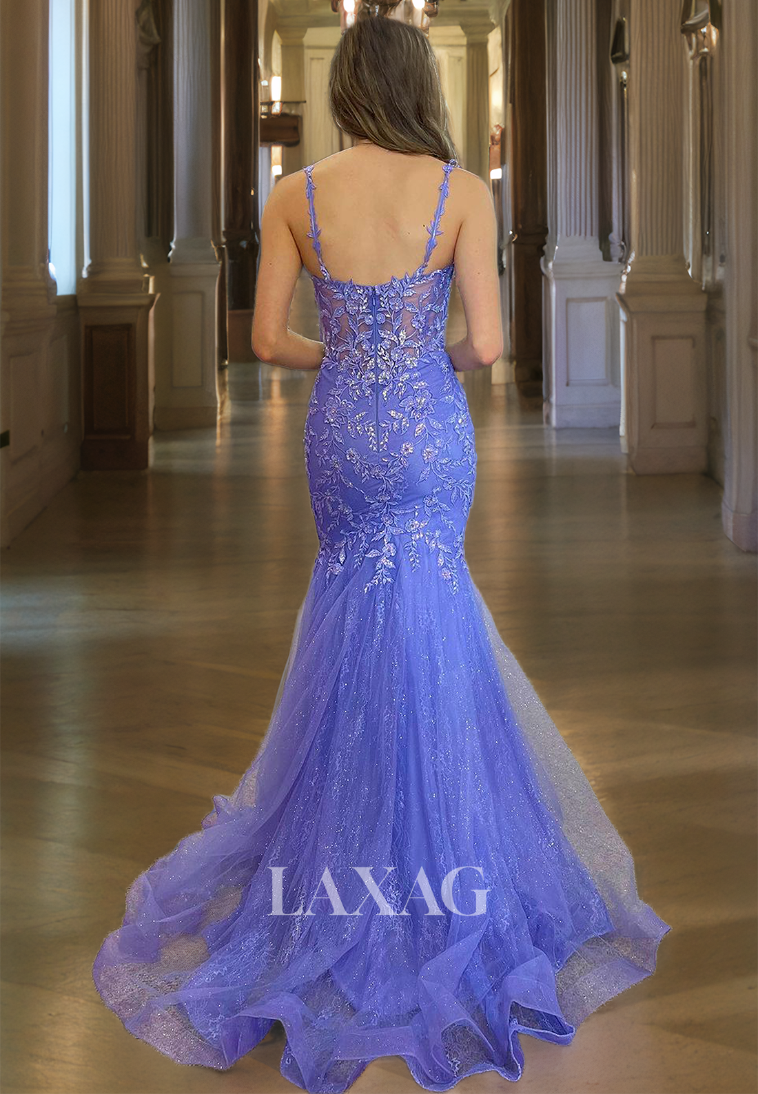 Spaghetti Straps Sweetheart Sleeveless Mermaid Prom Dress Foliage Motif Applique Formal Gowns