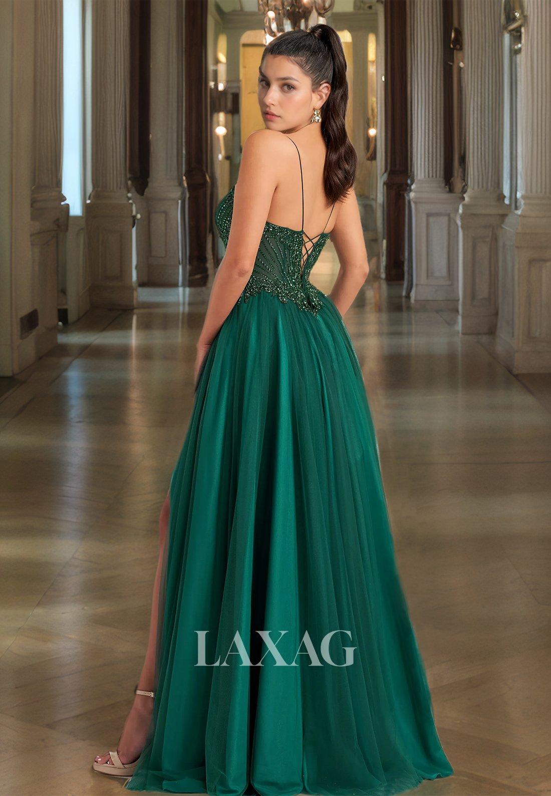 Spaghetti Straps V-Neck Tulle A-Line Prom Dress Sleeveless Beaded Pleated Sheer Formal Gowns