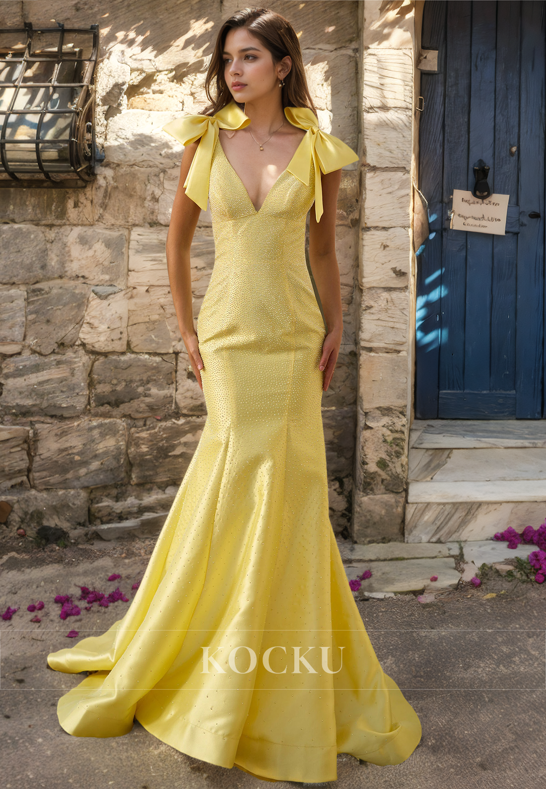 Beaded V-Neck Mermaid Sleeveless Sweep Train Formal Gown Prom Dress with Bows