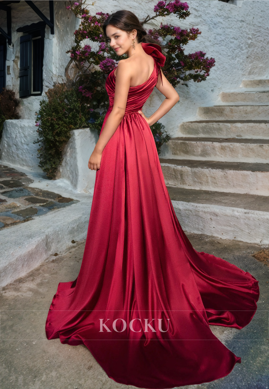One Shoulder Sleeveless High Split Train Pleated Sheath Satin Prom Formal Gowns with Floral