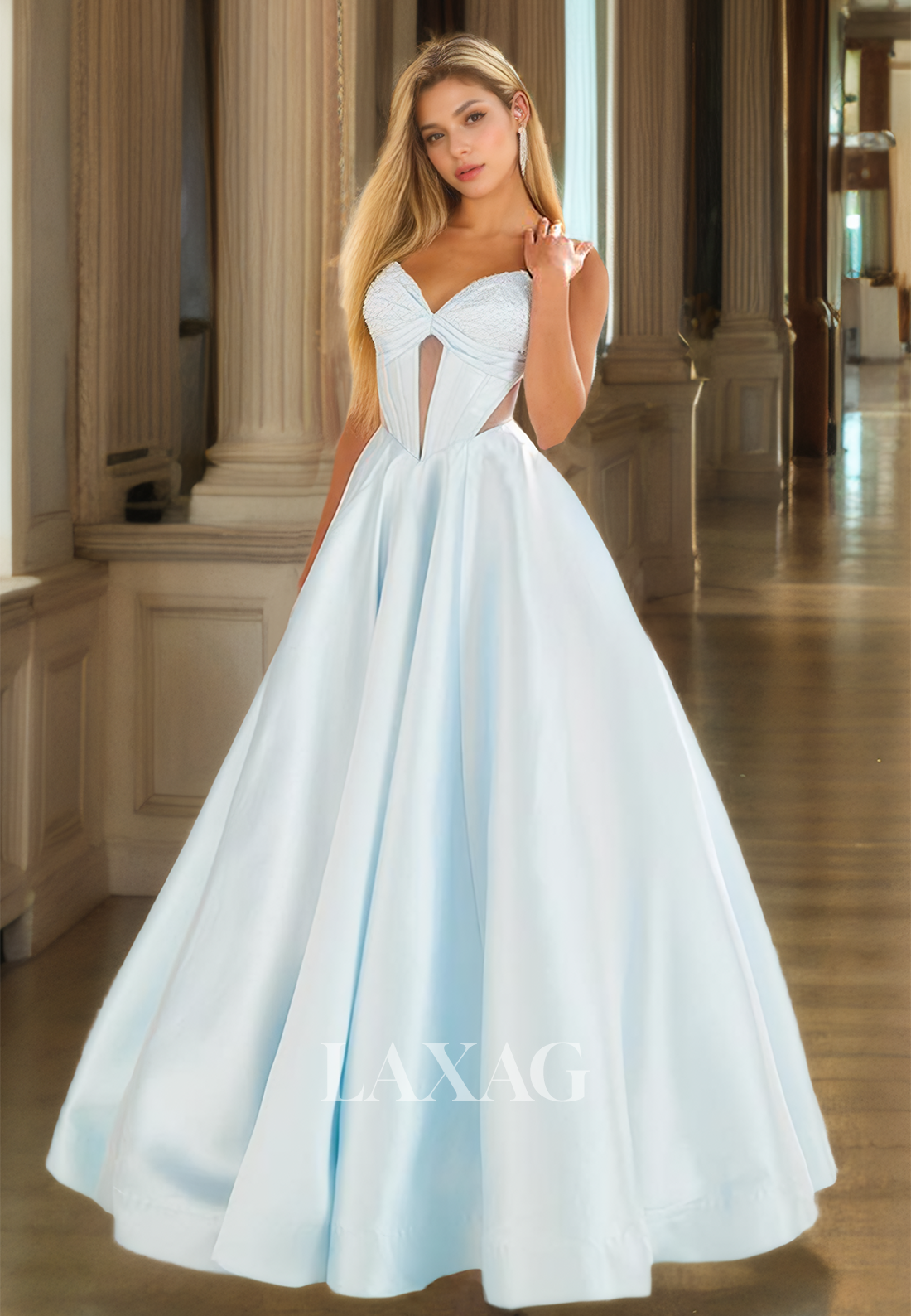 Beaded Sweetheart Off-Shoulder Cutout Formal Gowns Sleeveless Pleated Floor-Length A-Line Prom Dress