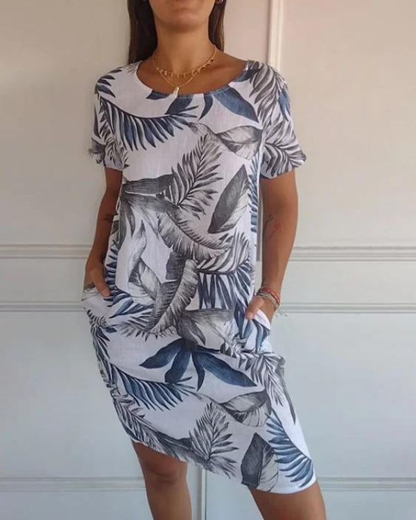 Leaf Print Scoop Neck Cap Sleeve Pocket Shift Mini Dress