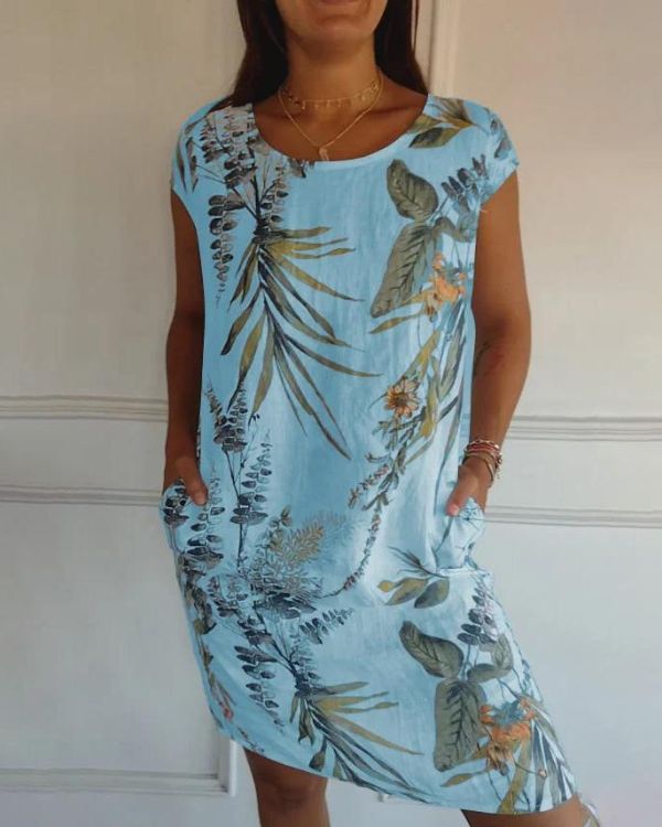 Leaf Print Scoop Neck Cap Sleeve Pocket Shift Mini Dress