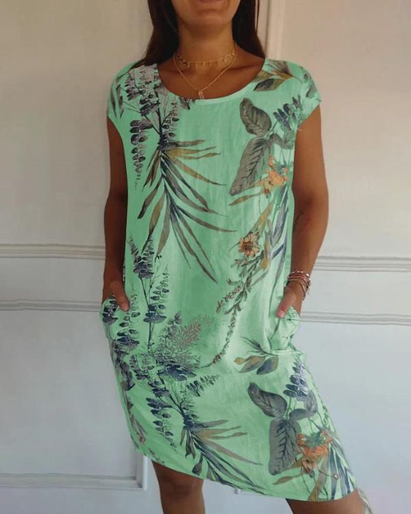 Leaf Print Scoop Neck Cap Sleeve Pocket Shift Mini Dress