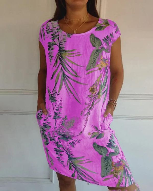 Leaf Print Scoop Neck Cap Sleeve Pocket Shift Mini Dress