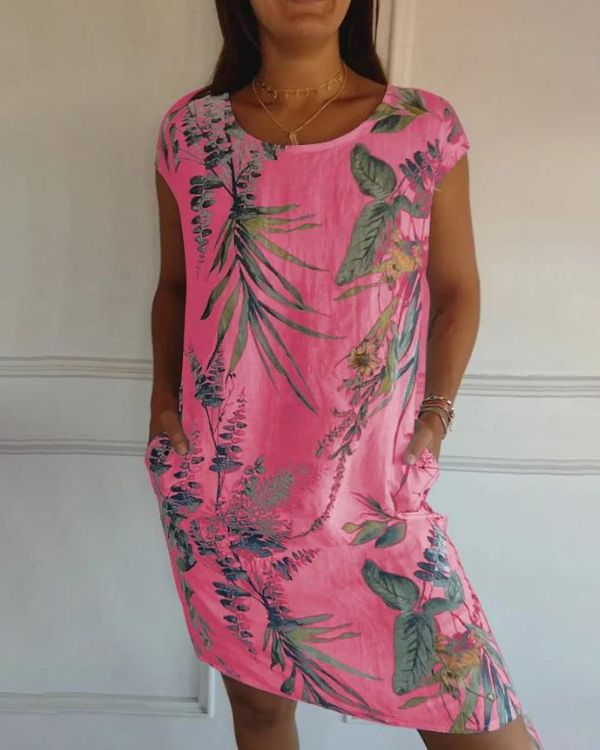 Leaf Print Scoop Neck Cap Sleeve Pocket Shift Mini Dress