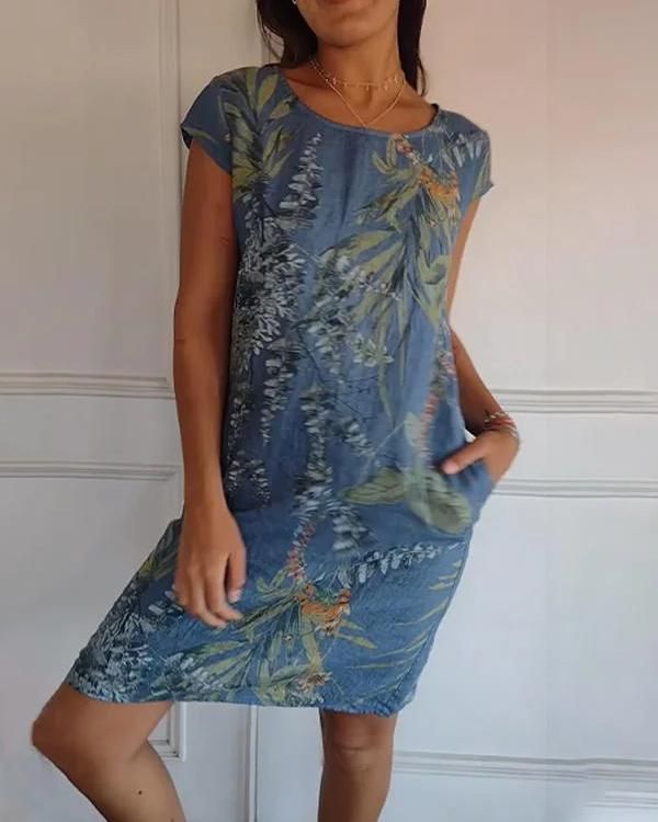 Leaf Print Scoop Neck Cap Sleeve Pocket Shift Mini Dress