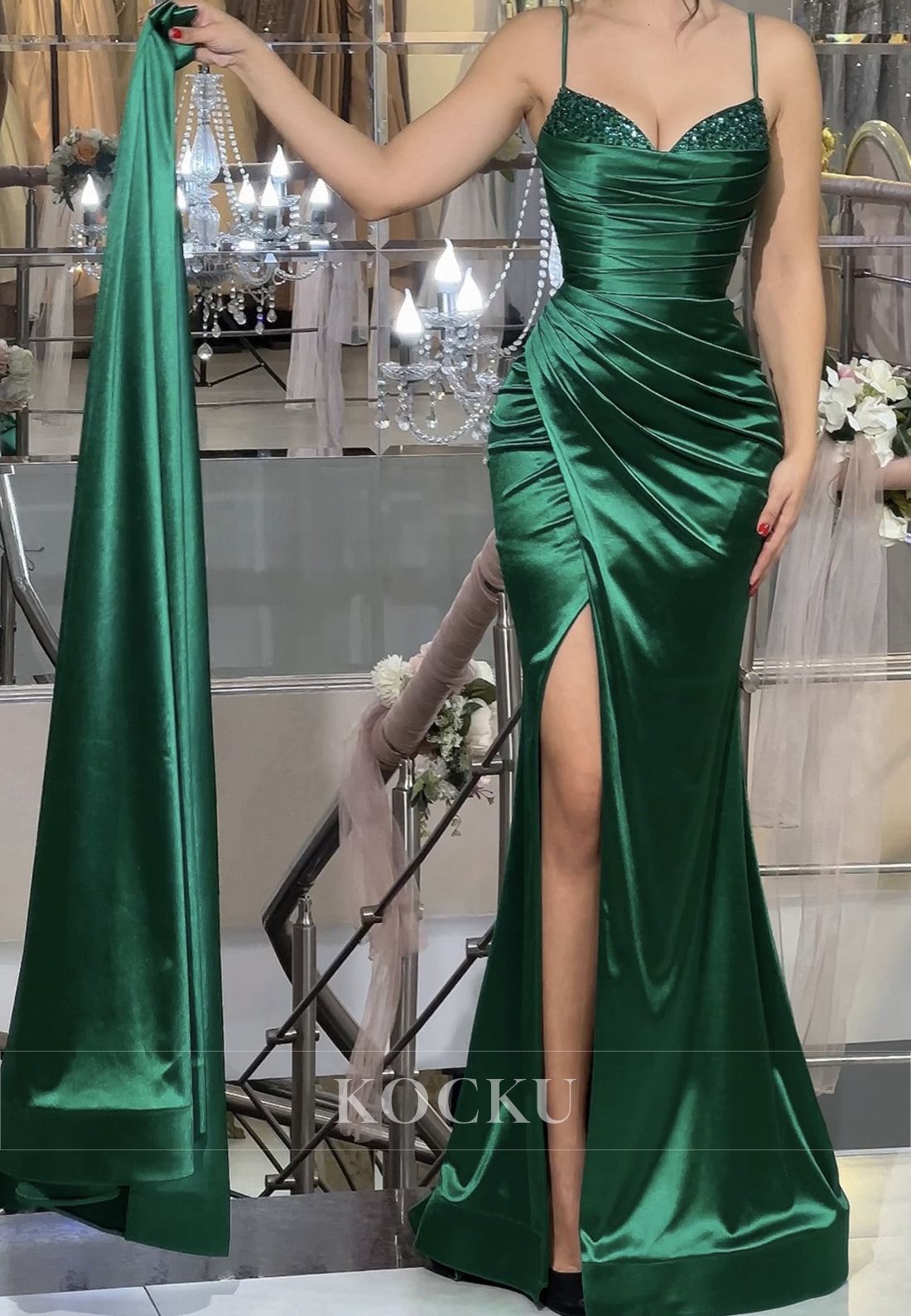 Elegant Sweetheart Straps Sheath Ruched Satin Long Prom Formal Dress with Beads