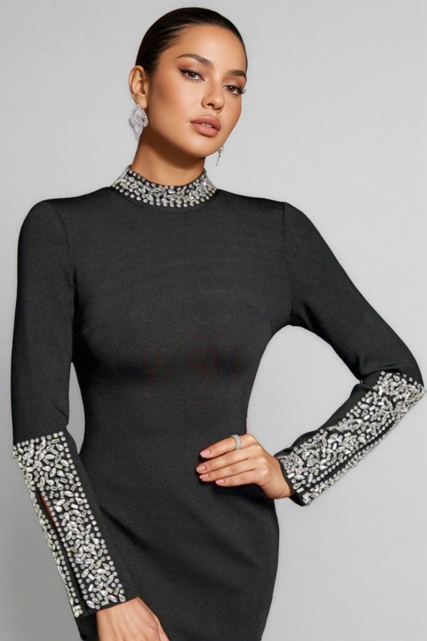 Rhinestone Mock Neck Long Sleeve High Split Bandage Maxi Dress
