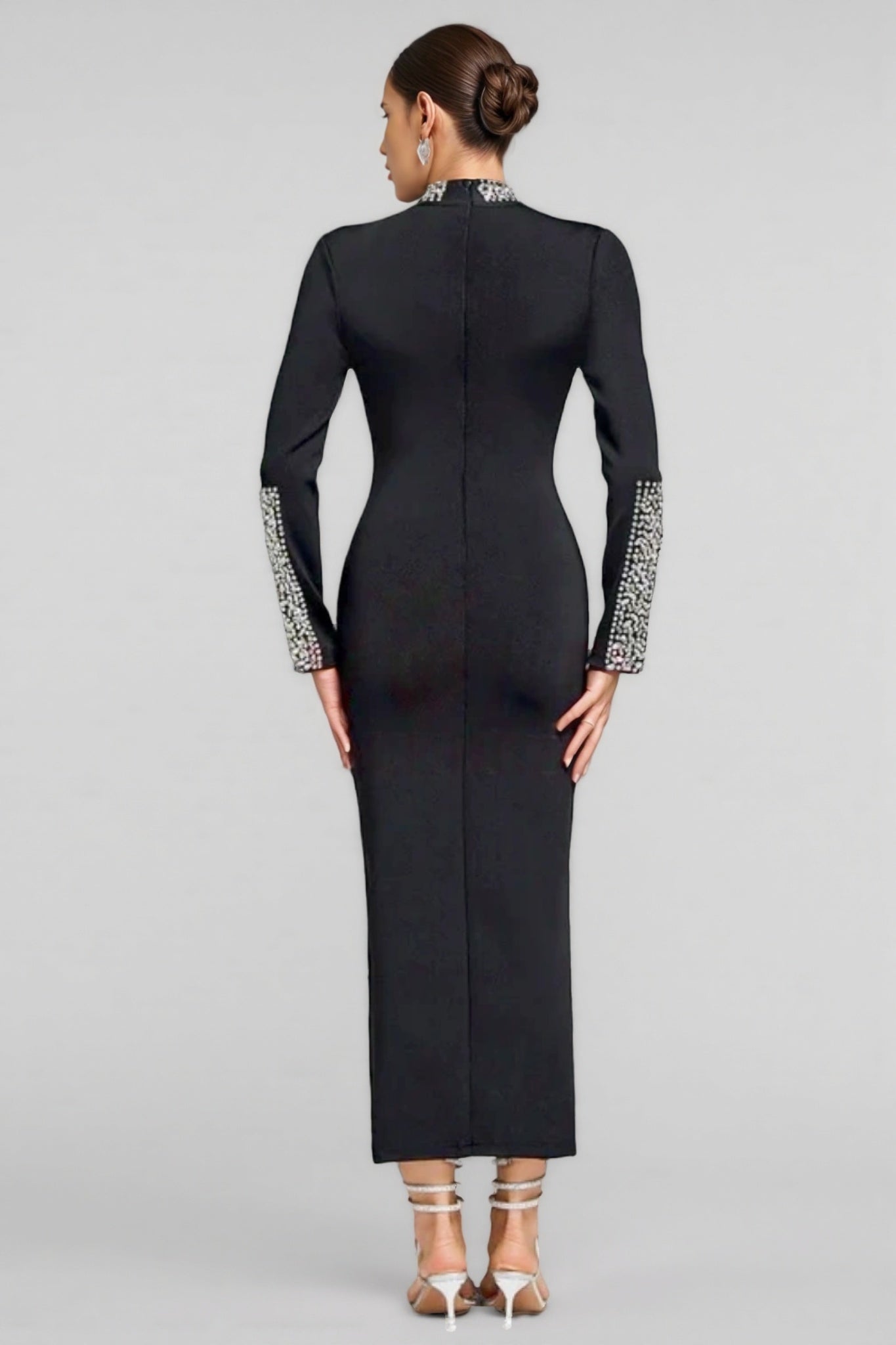 Rhinestone Mock Neck Long Sleeve High Split Bandage Maxi Dress
