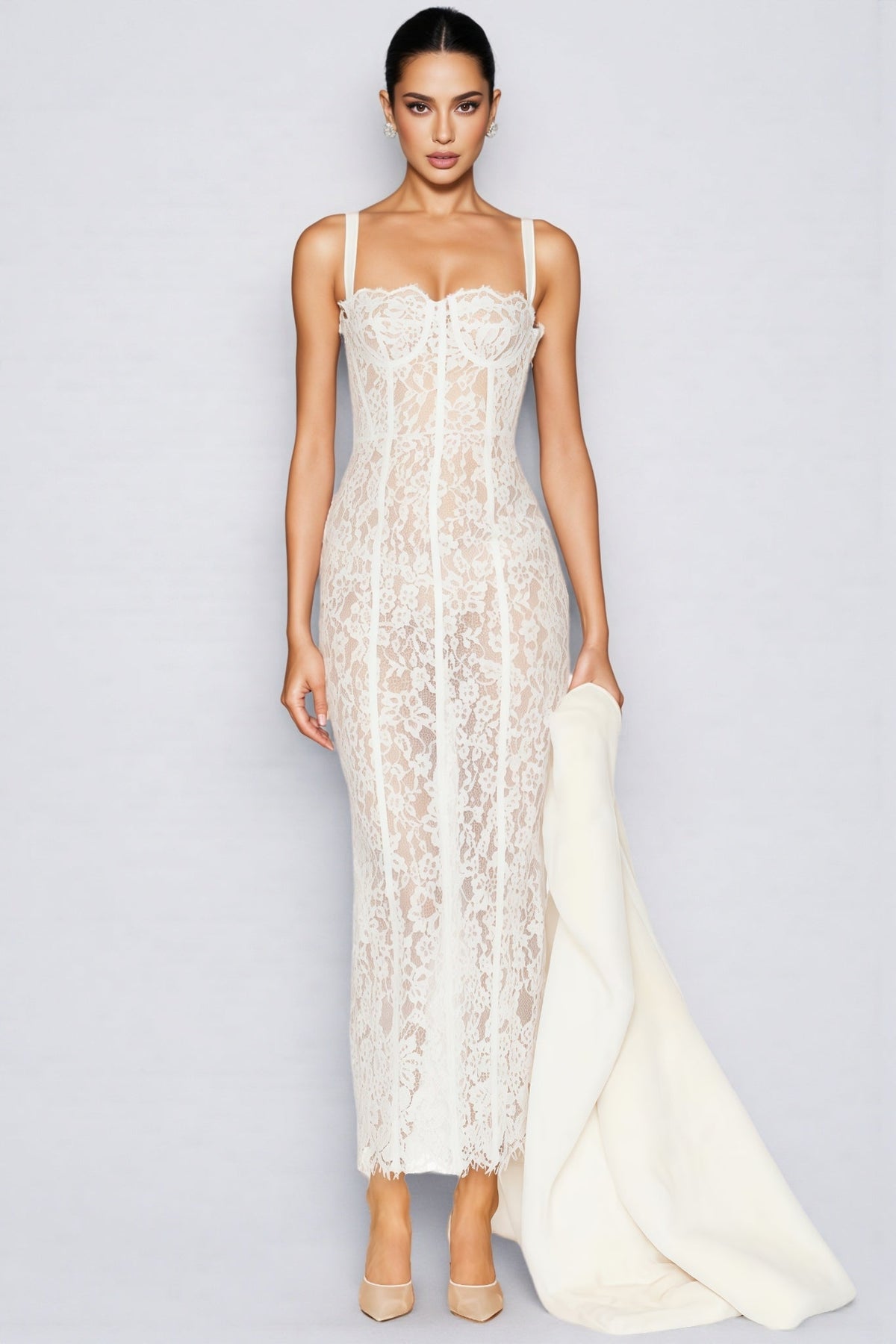 Square Neck Wide Strap Sheer Lace Bustier Column Maxi Dress 3