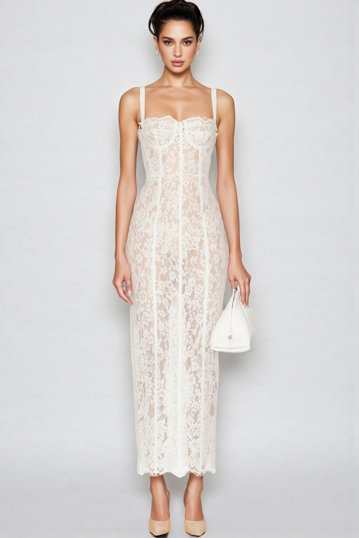 Square Neck Wide Strap Sheer Lace Bustier Column Maxi Dress