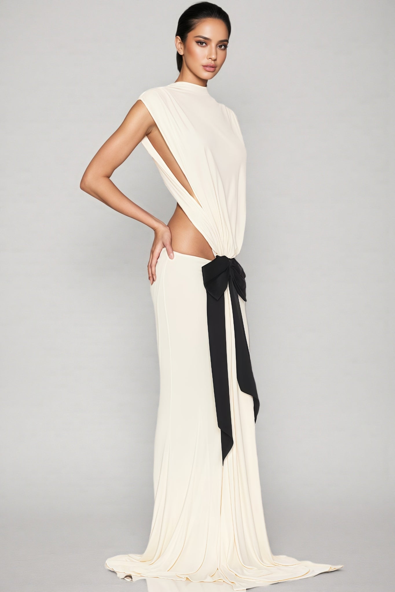 Gaelyra White Backless Satin Pleated Maxi Dress - View 2