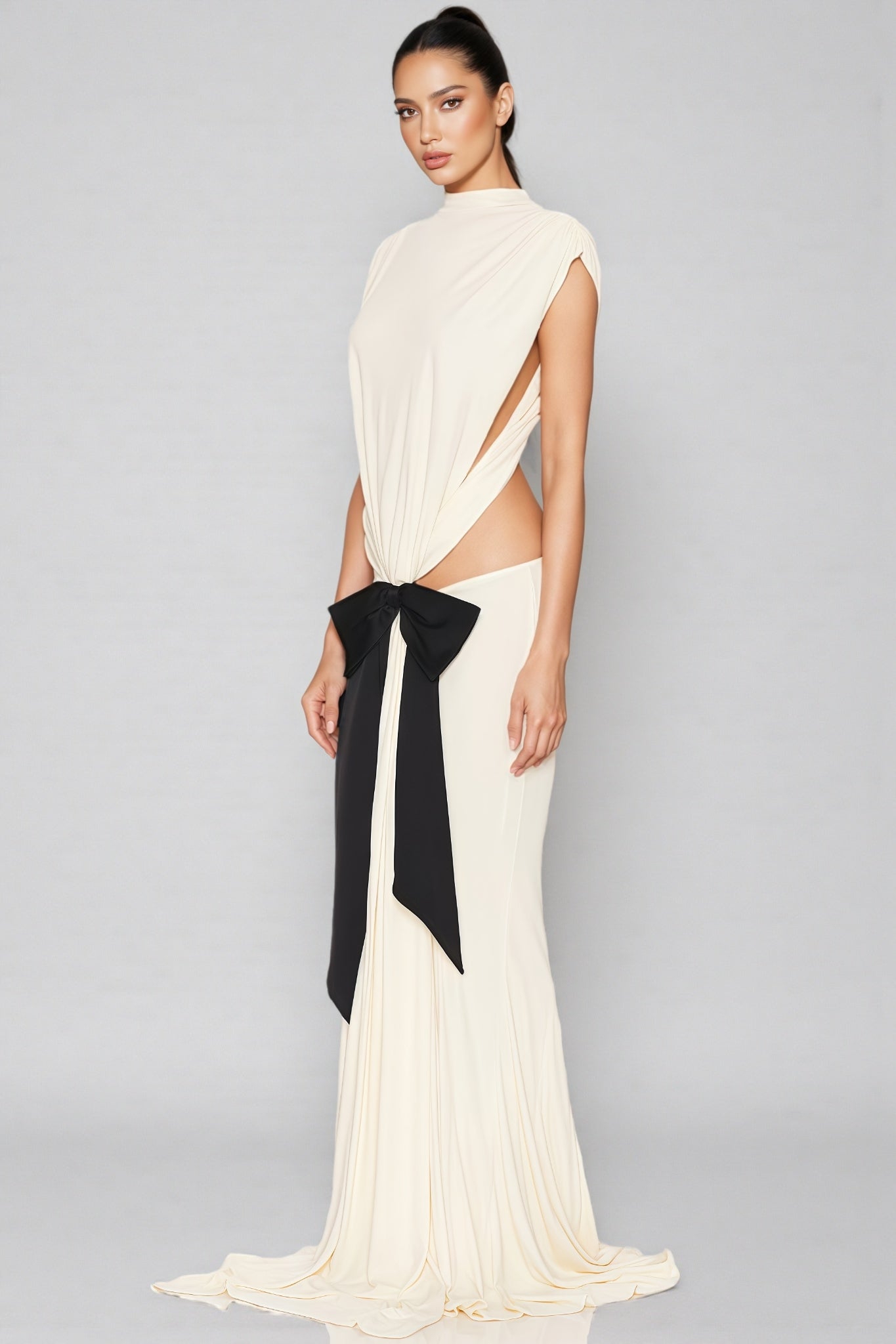 Gaelyra White Backless Satin Pleated Maxi Dress - View 3