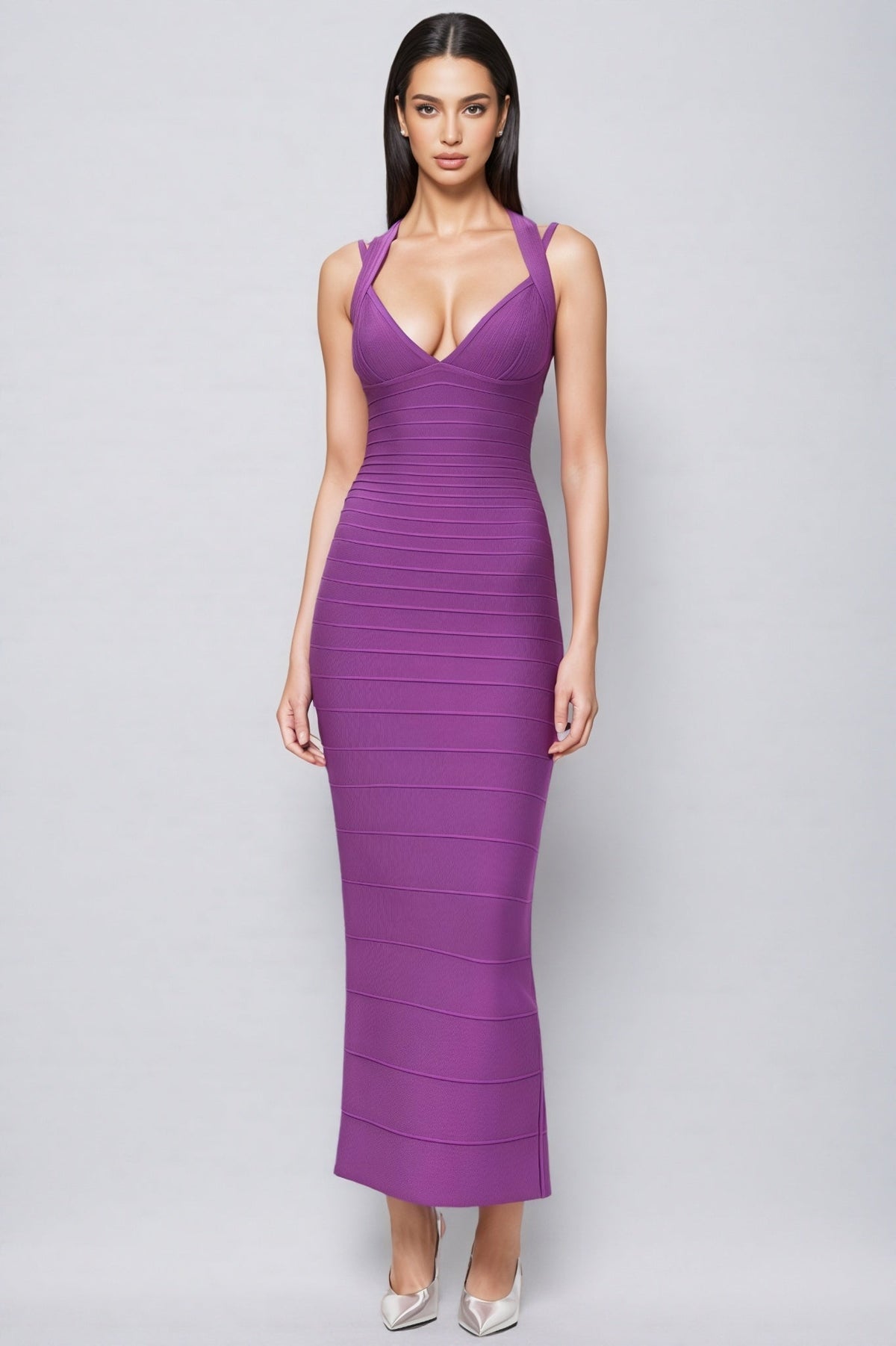 V-Neck Double Strap Sleeveless Bandage Bodycon Maxi Dress