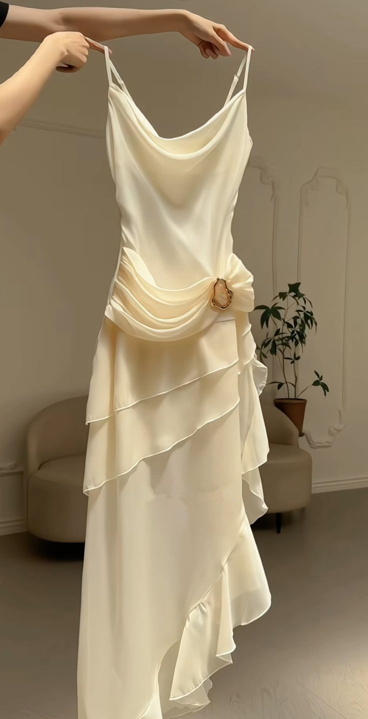 Elegant White Chiffon Spaghetti Straps Ruffles Evening Dress Long Party Prom Dress cc1863