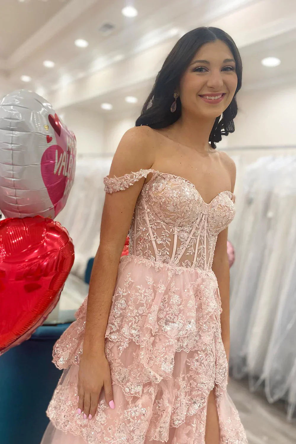 Stunning Glitter A-Line Off The Shoulder Long Tiered Prom Dress With Split