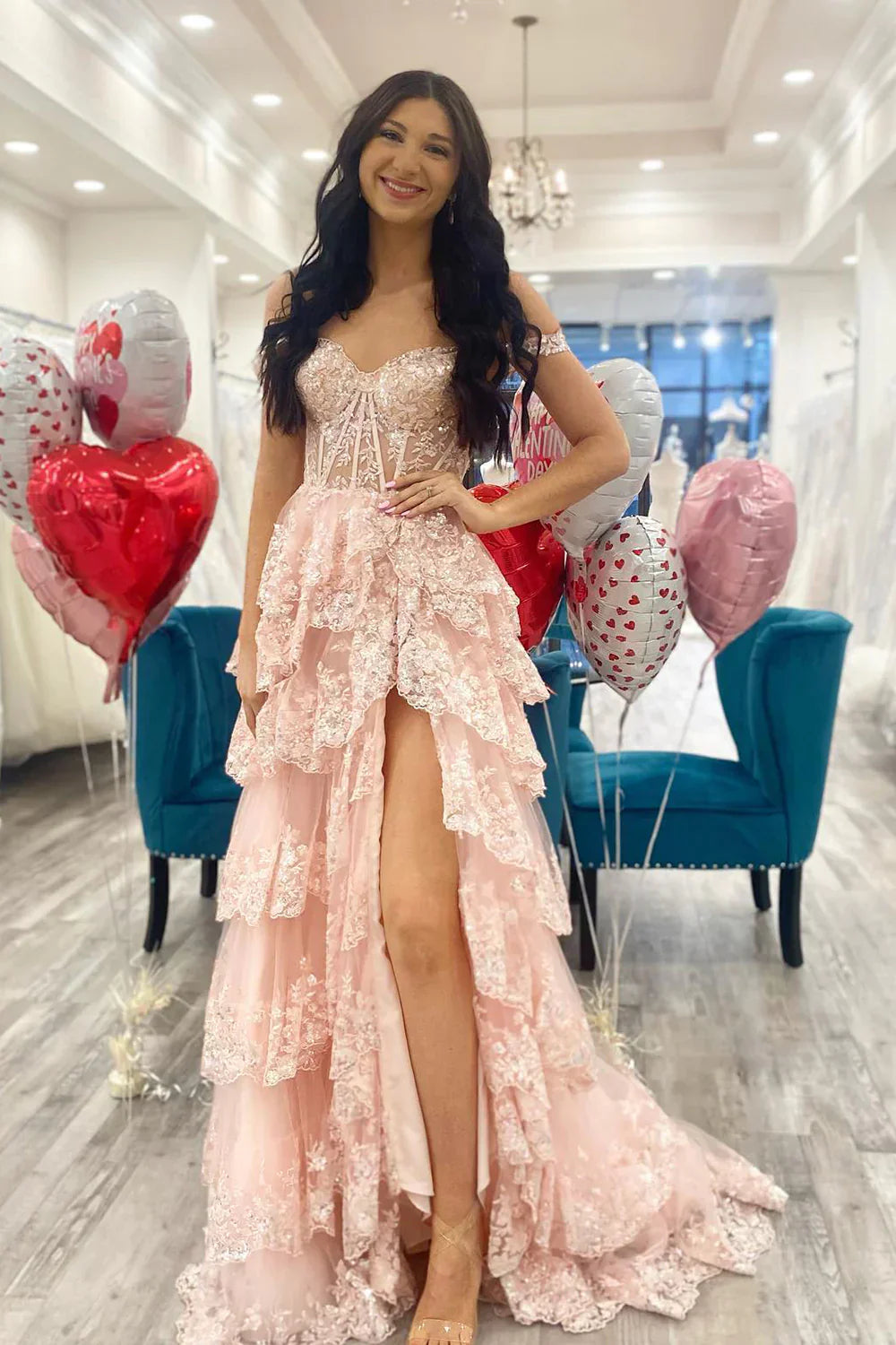 Stunning Glitter A-Line Off The Shoulder Long Tiered Prom Dress With Split
