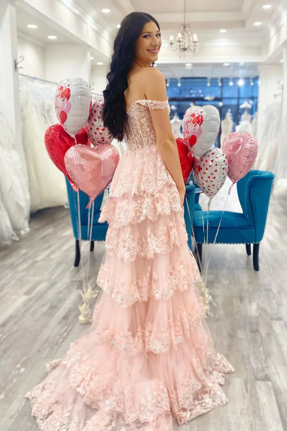 Stunning Glitter A-Line Off The Shoulder Long Tiered Prom Dress With Split