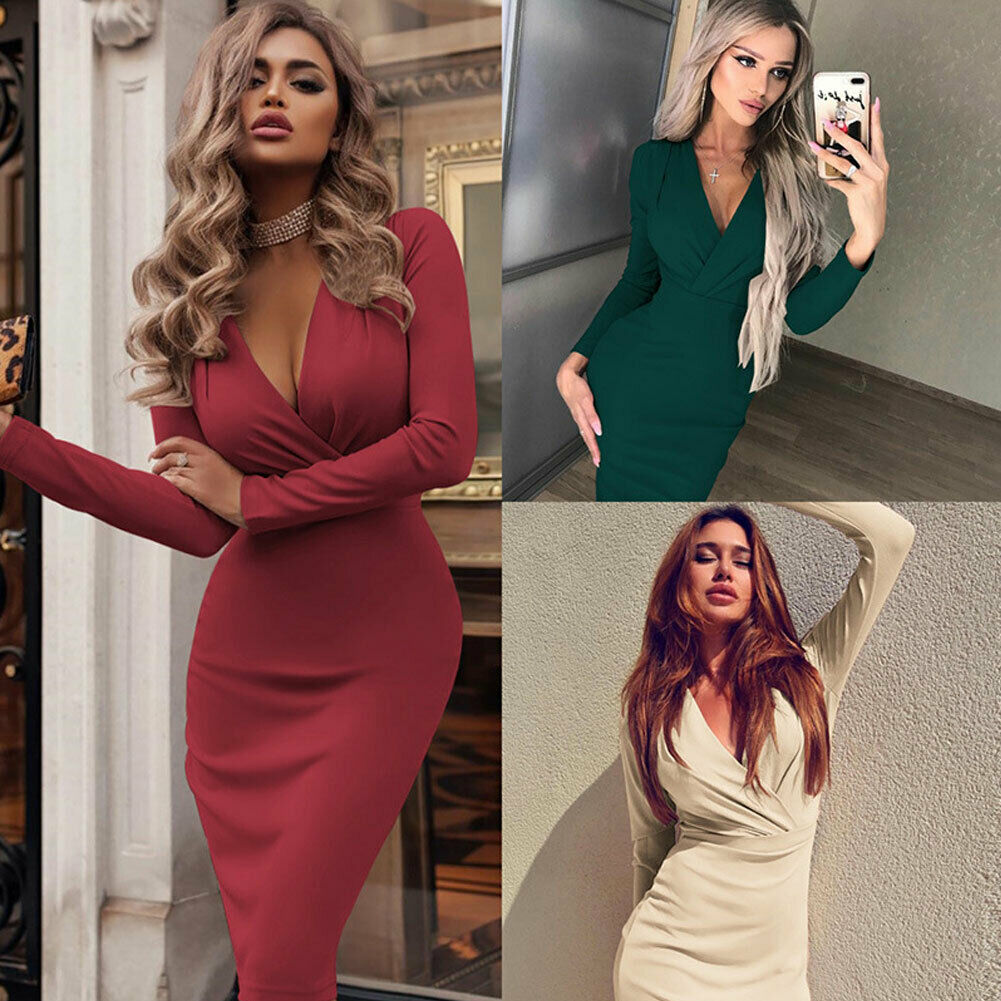 Deep V-Neck Long Sleeve Wrap Bodycon Midi Dress