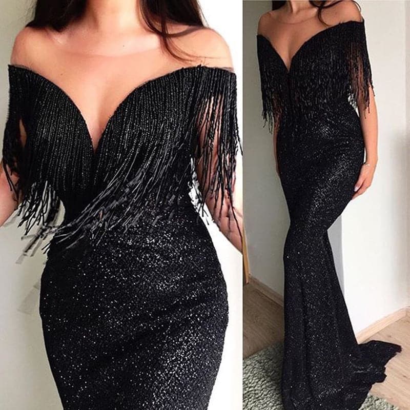 Sequin Off Shoulder Beaded Fringe Mermaid Maxi Gown