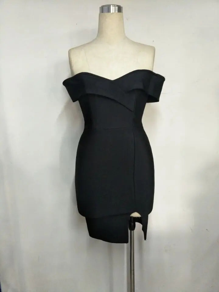 Off Shoulder Cross Front Fold Bodycon High Split Cocktail Dress
